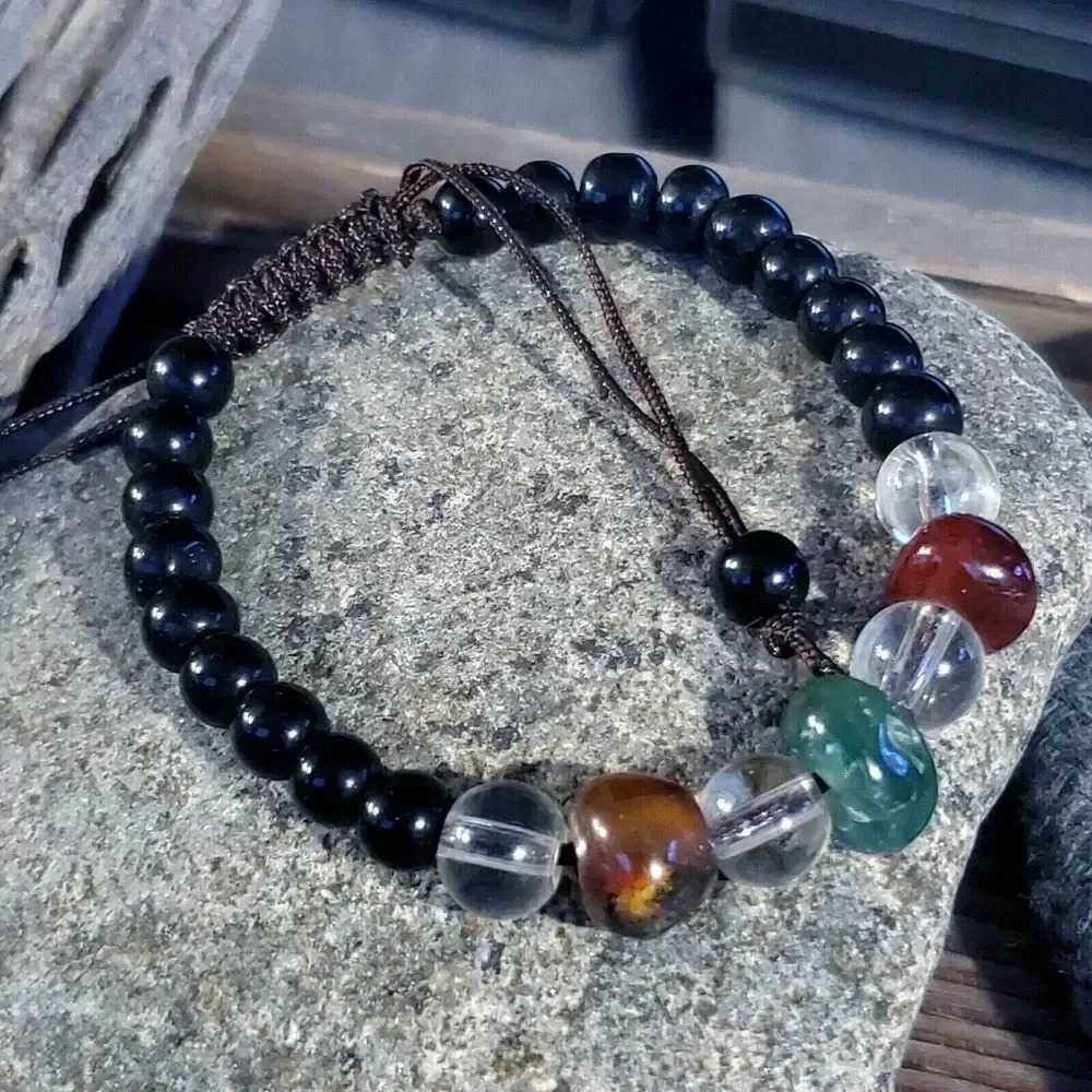 Hand Craft Tibetan Green Red Agate Black Beads Healing Energy Gemstone Bracelet - Picture 3 of 6